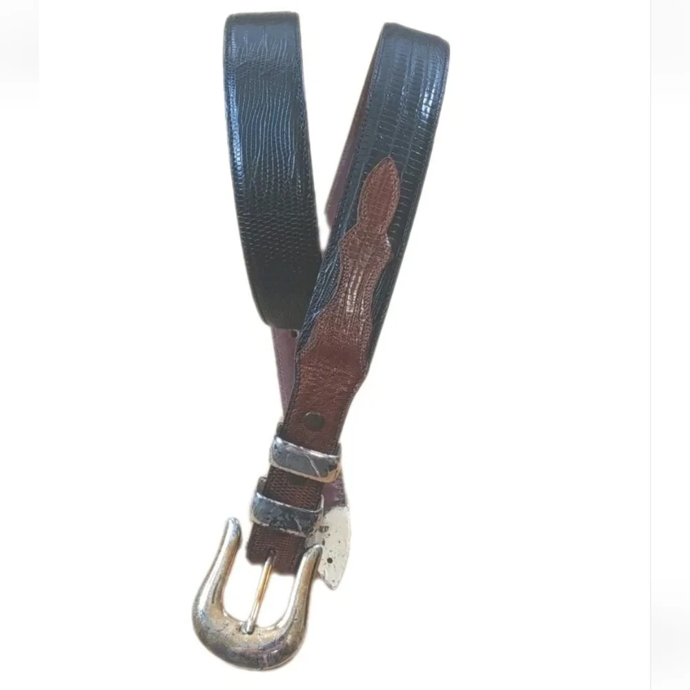 Bandera Genuine Lizard Black Brown Leather Men Sz 36 Solid Brass Buckle Vtg USA